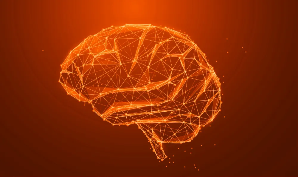 Brain with neural network connections illustrating how shadowing builds new motor pathways for speech